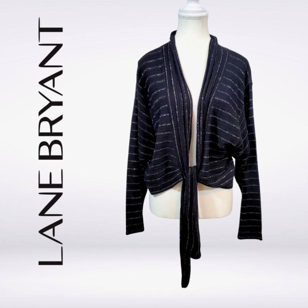 NEW Lane Bryant Black Striped Tie Front Long Sleeve Shrug Crop Top Size 18/20